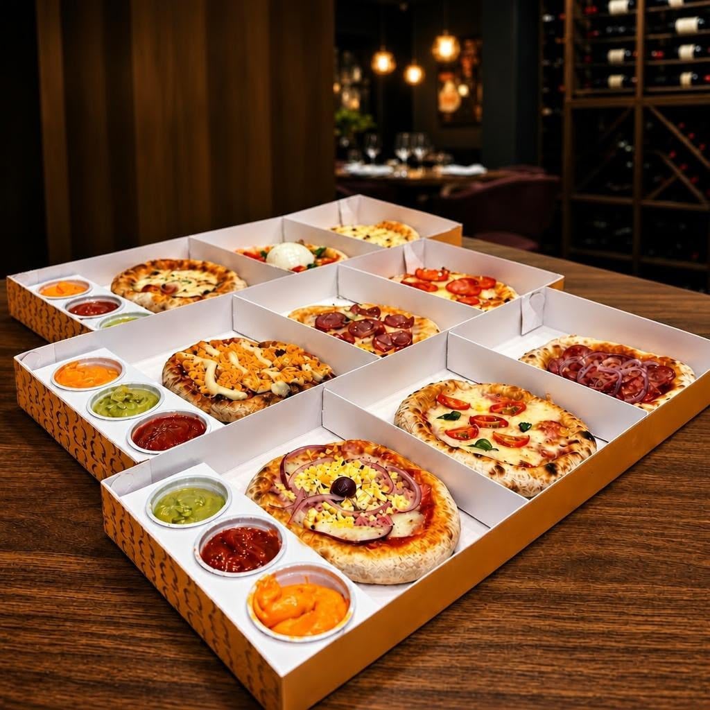 Diversas caixas Tri3za com pizzas e molhos servidas sobre uma mesa