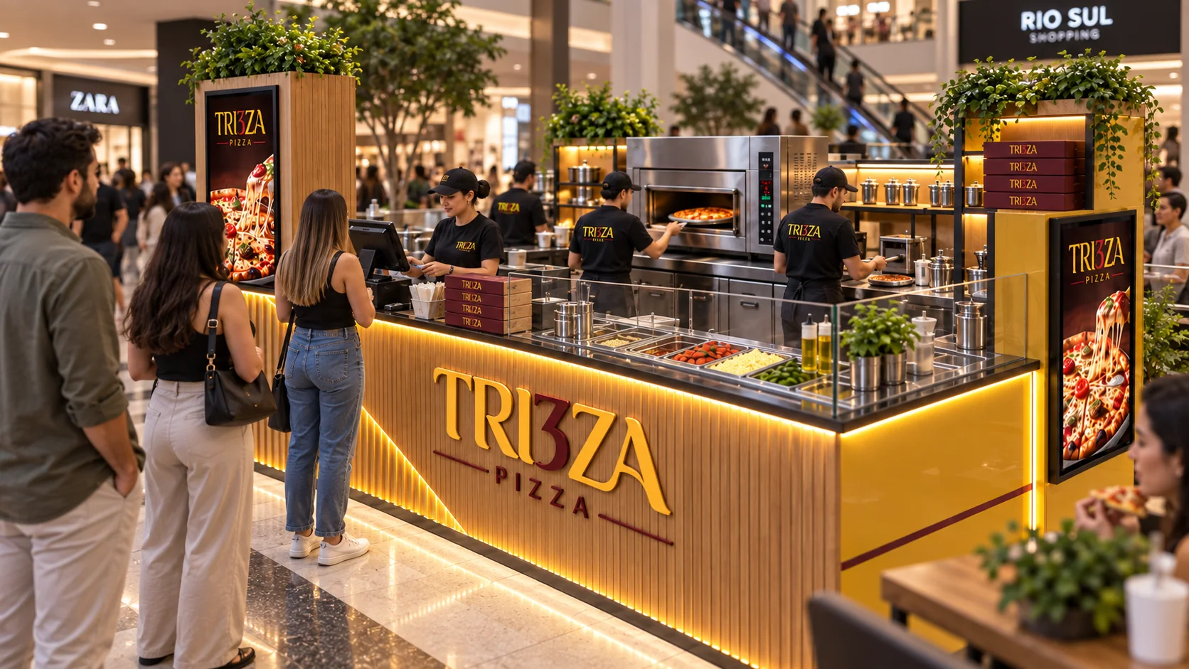 Quiosque Tri3za atendendo clientes em um shopping movimentado